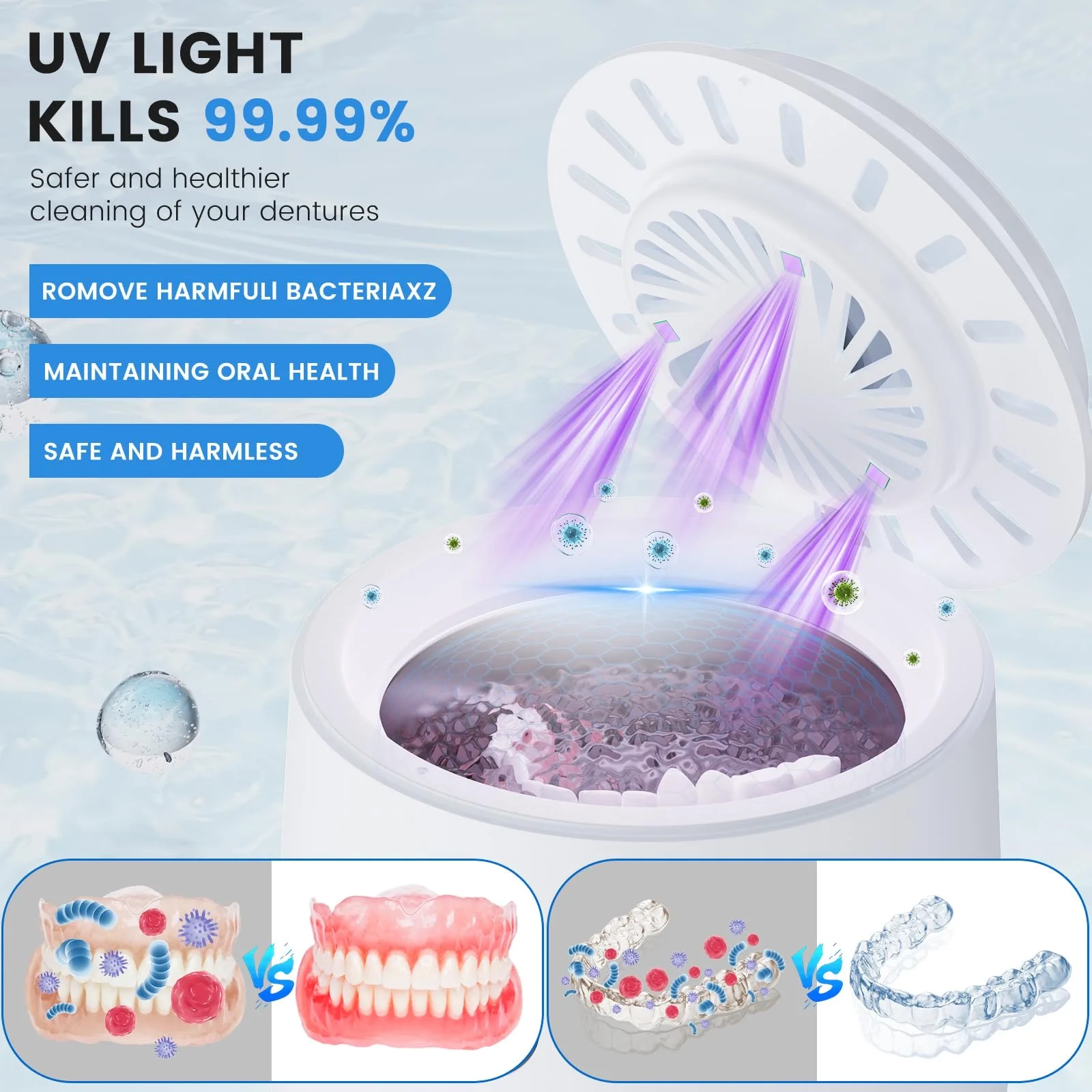 Ultrasonic Retainer & Denture Cleaner, 45kHz with Dry & Digital Timer for Retainers, Aligners, Jewelry, Rings, Mouth Guards