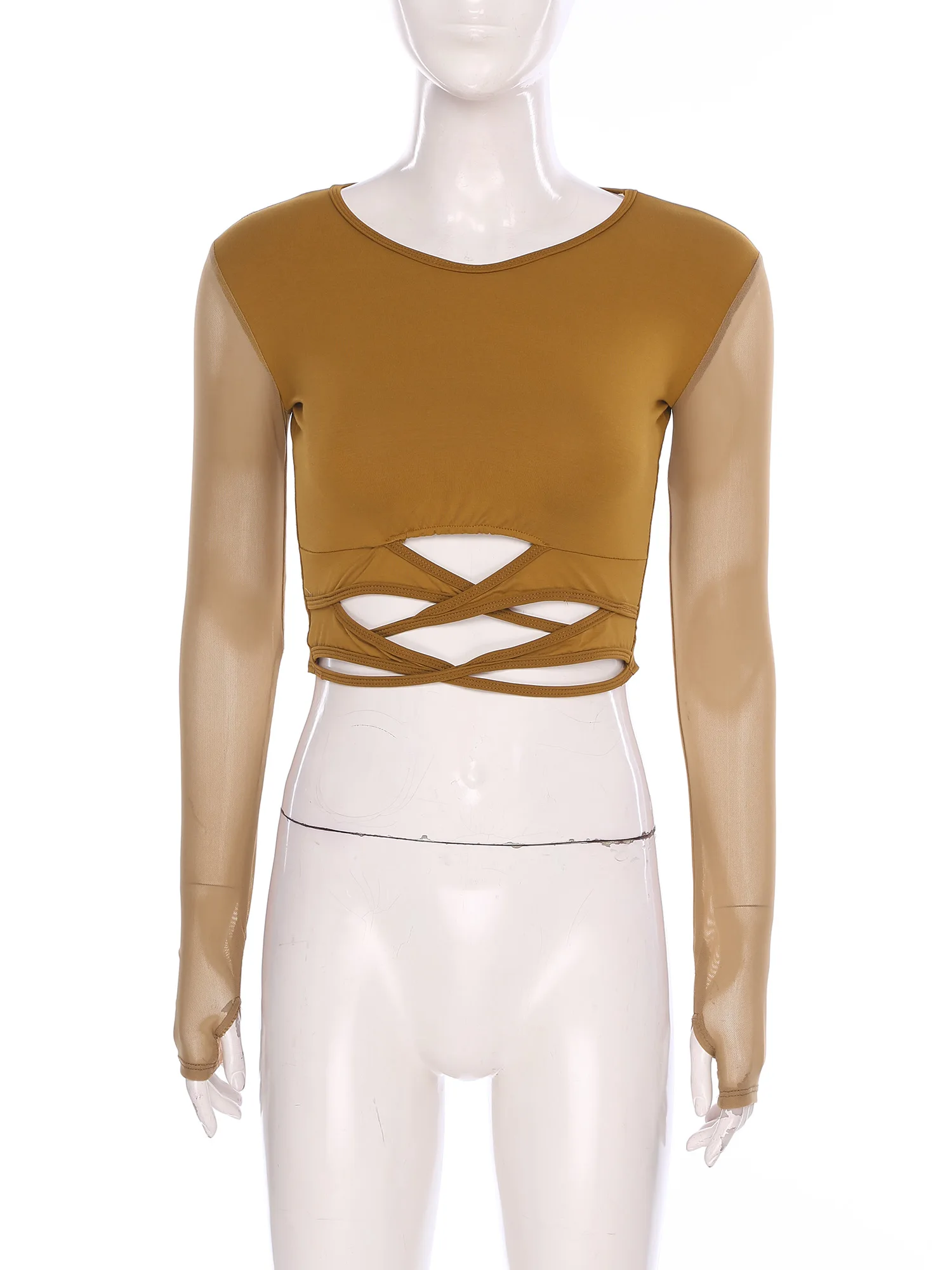 Haut court de danse de Ballet latine pour femmes, maille transparente, manches longues, dos à bretelles, T-shirt court pour Samba Rumba valse, scène de classe