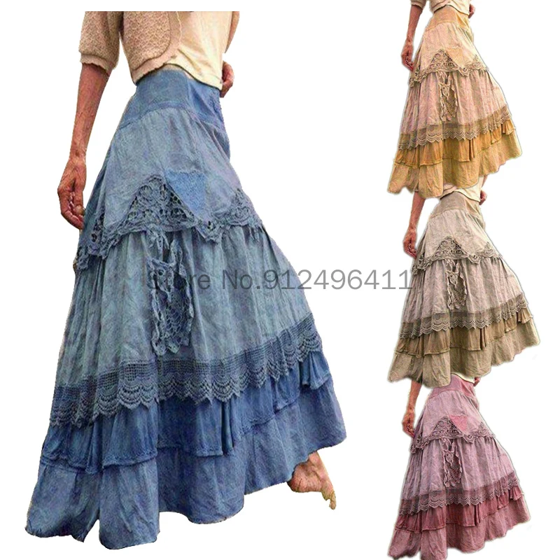 Renaissance Medieval Costume Princess Cosplay Halloween Dress Women Elegant Hight Waist Vintage Ruffles Lace Big Swing Skirts