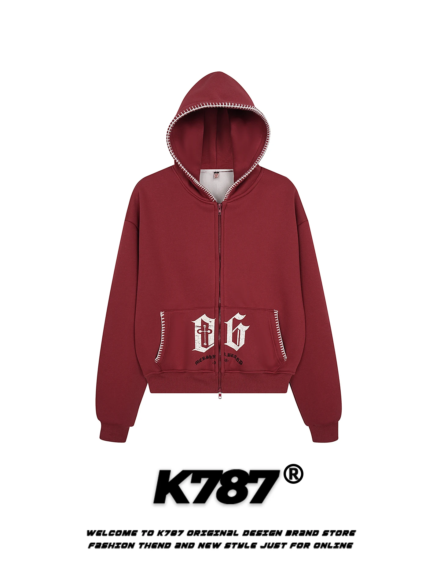 

K787 American Sle Streetwear Fce Lined Hooded Open Cardigan Sweatirt Men's Women's Red Outerwear Youth Casual Faion