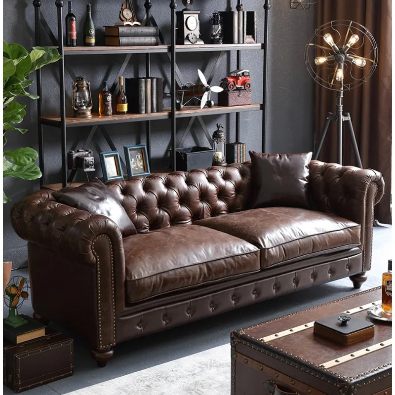 

Luxury American Sofa Set Furniture Living Room Sofas Button Couch Brown Classic Vintage Top Leather Chesterfield Sofa