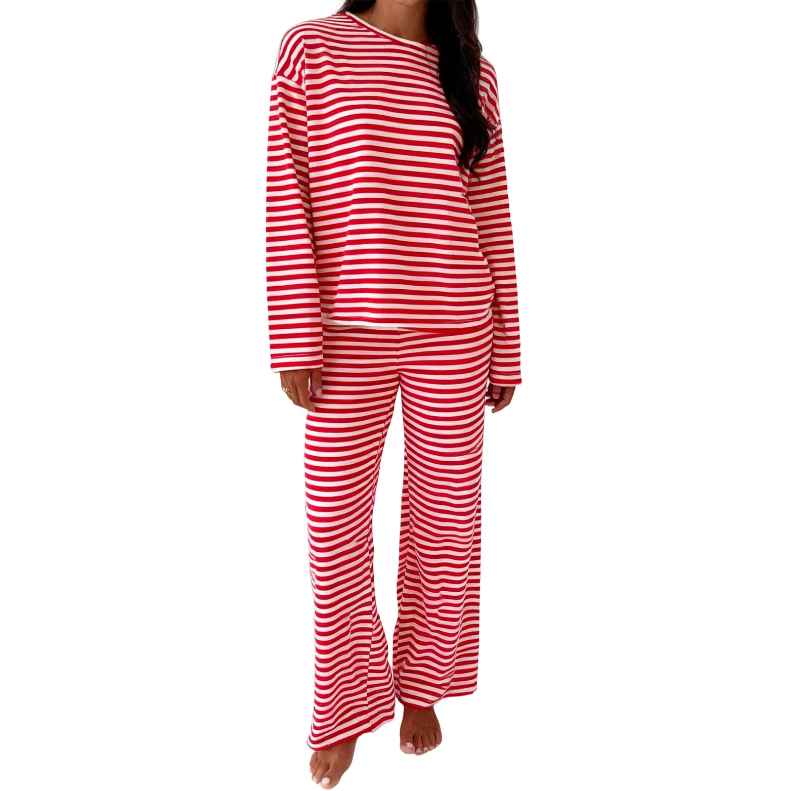 Women s 2 Piece Casual Outfits Long Sleeve Round Neck Striped Tops Wide Leg Pants Sets