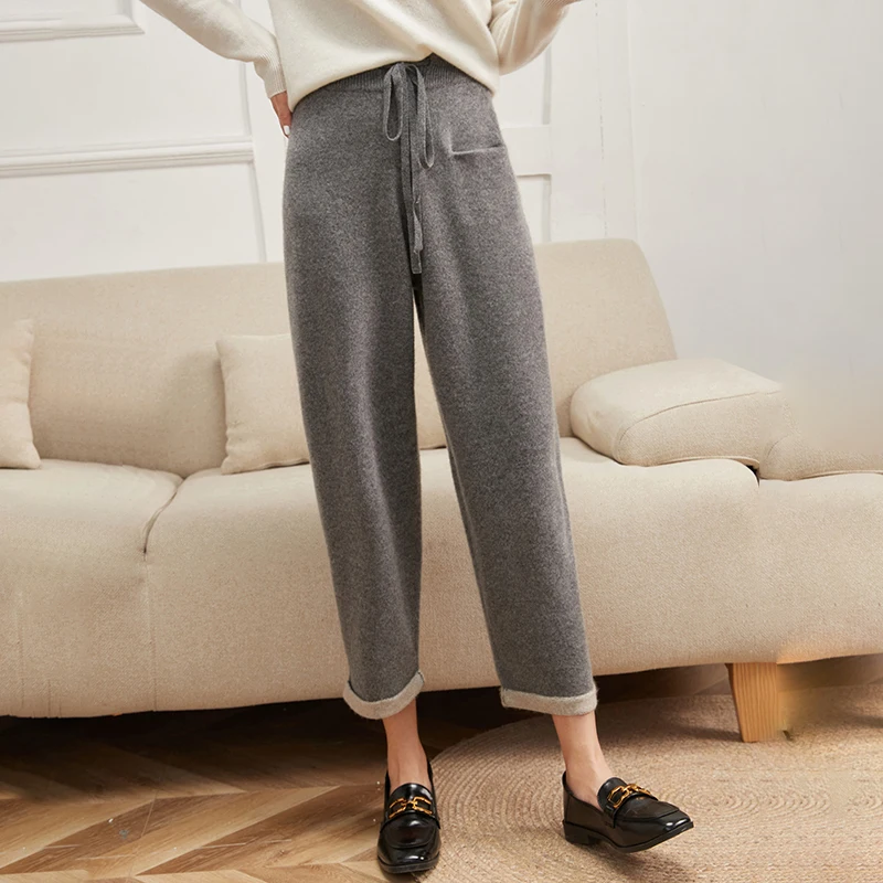 Spring Autumn Womens 100 Cashmere Pants High Waist Knit Trousers Wide Leg Soft Warm Cozy Casual Fashionable Long Length Elegant