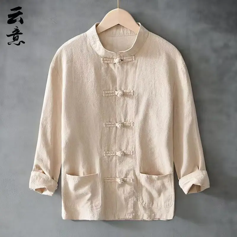 

Китайский льняной костюм Тан из рами для мужчин, свободный ретро-стиль с длинными рукавами, повседневный воротник-стойка и пуговицы-лягушка