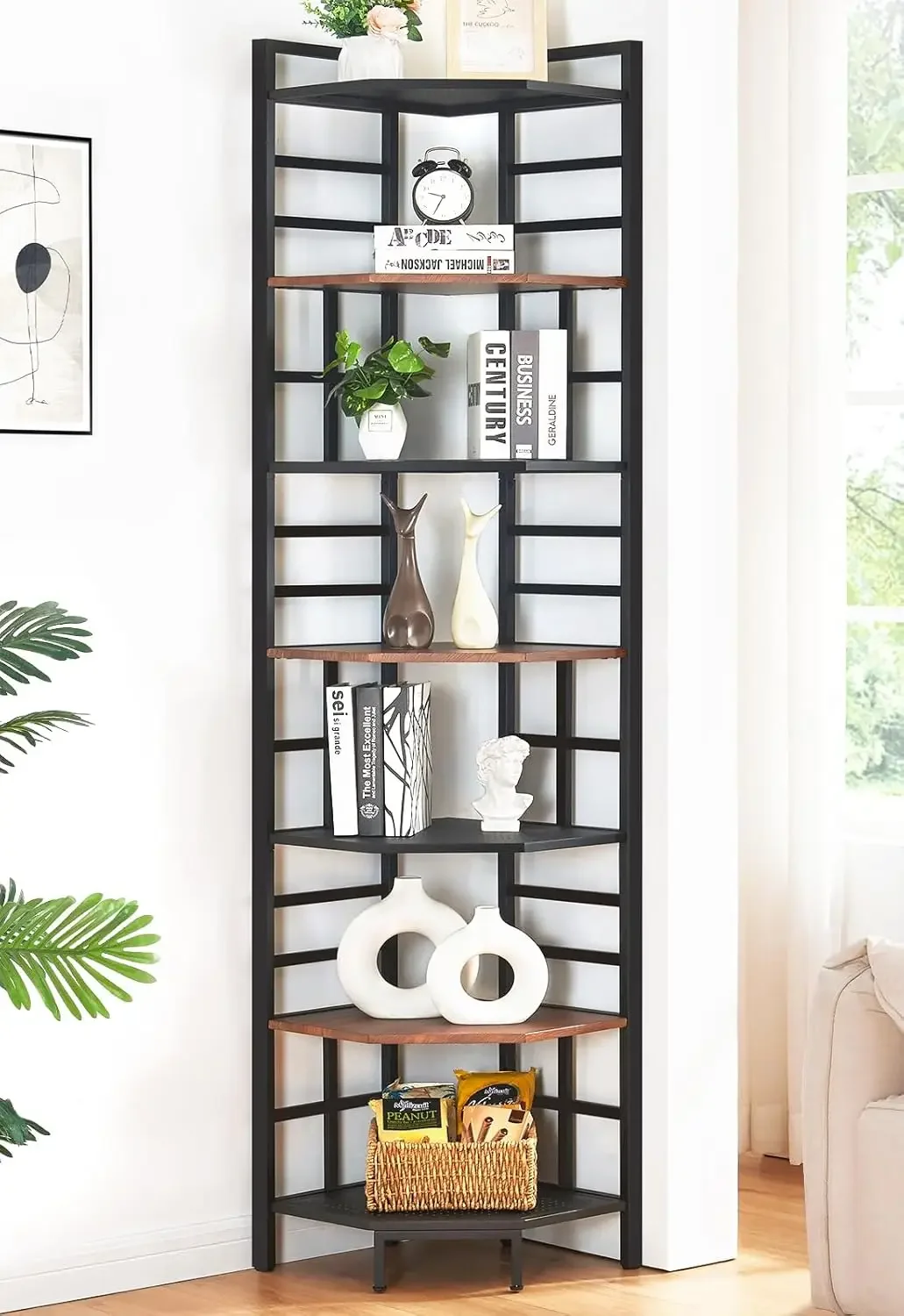 

HOMISSUE Corner Shelf, 7 Tier Industrial Tall Corner Bookshelf, Corner Bookcase with Metal Frame and MDF Board, Multipurpose Sto