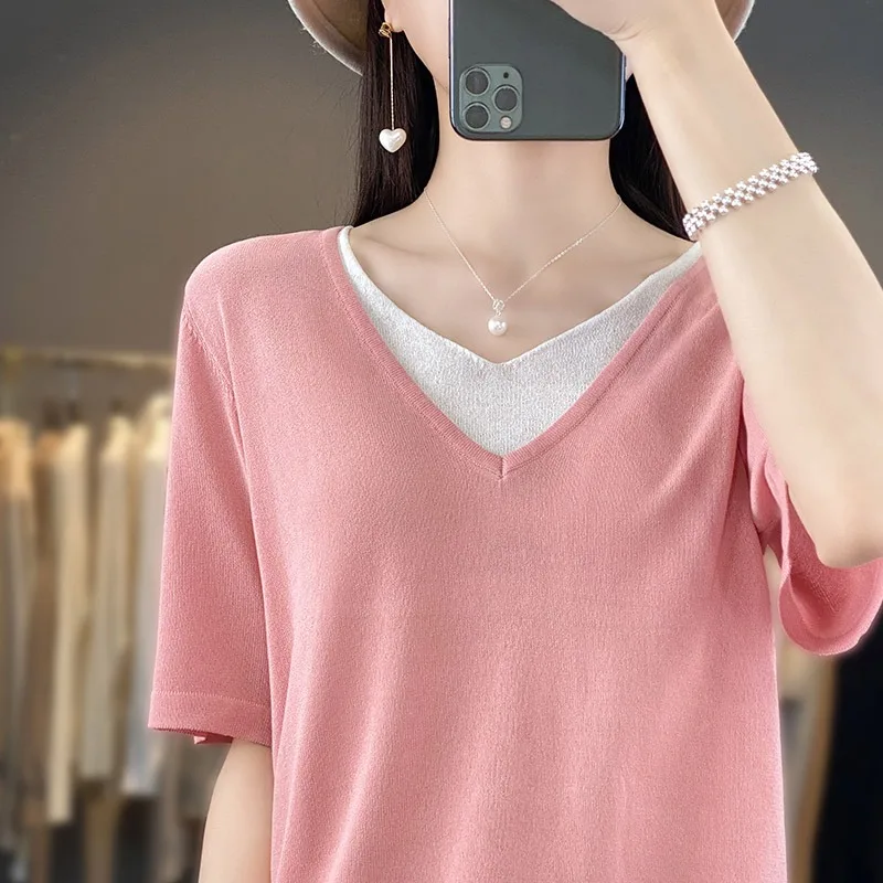 アイスシルクニット オルト スヴェ ティート 女性用 夏 ルーズ カジュアル Vネック リネン スヴェ ベース イート スリミングトップ