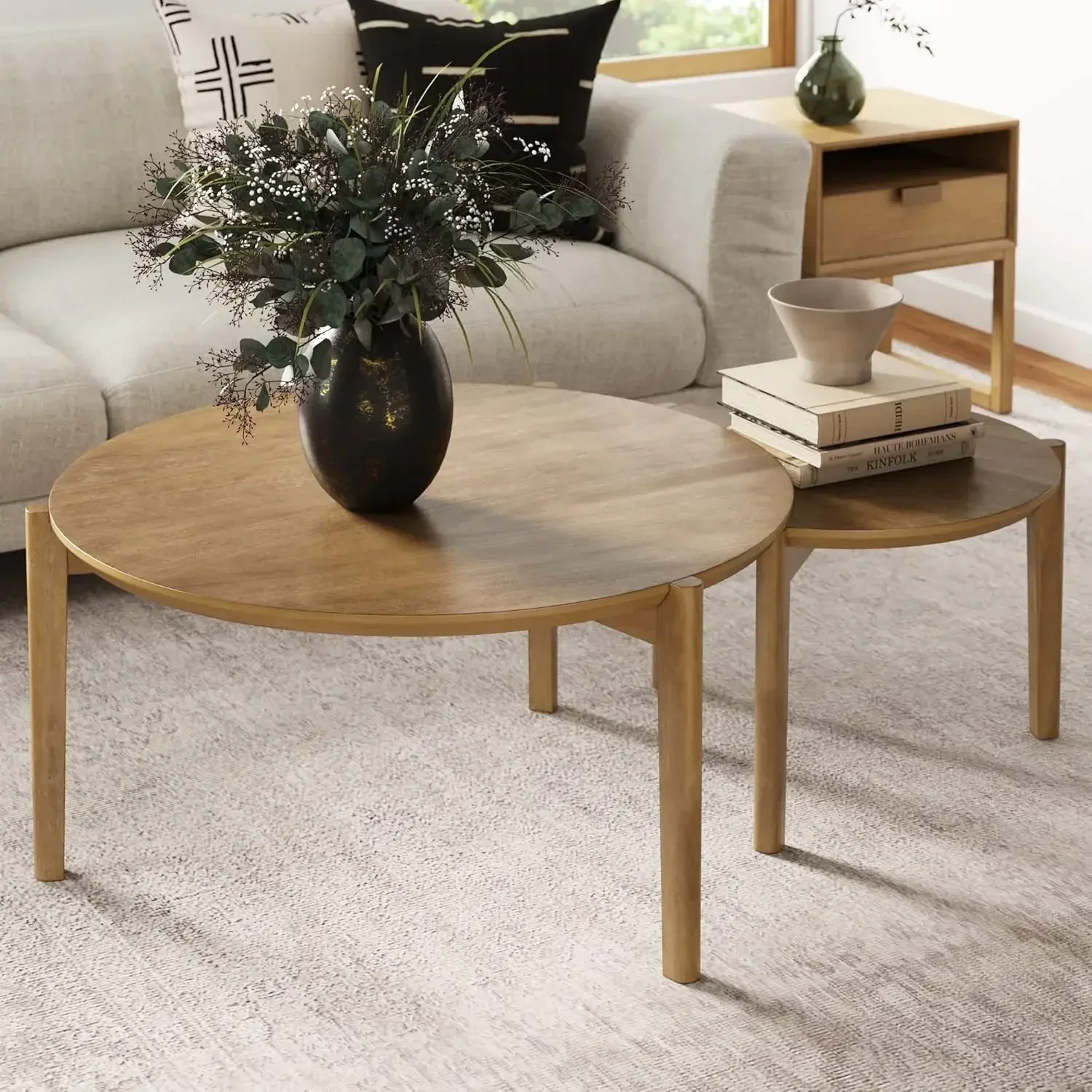 

Kendall Round Modern Nesting Coffee Set of 2, Stacking Living Room Accent Tables, Light Brown