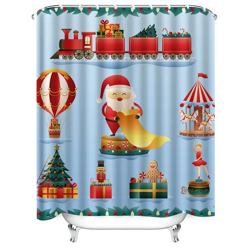 GAETU Christmas Shower Curtain Festive Holiday Bathroom Decor Reindeer Santa Claus Pattern Waterproof Fabric Washable Home Dec