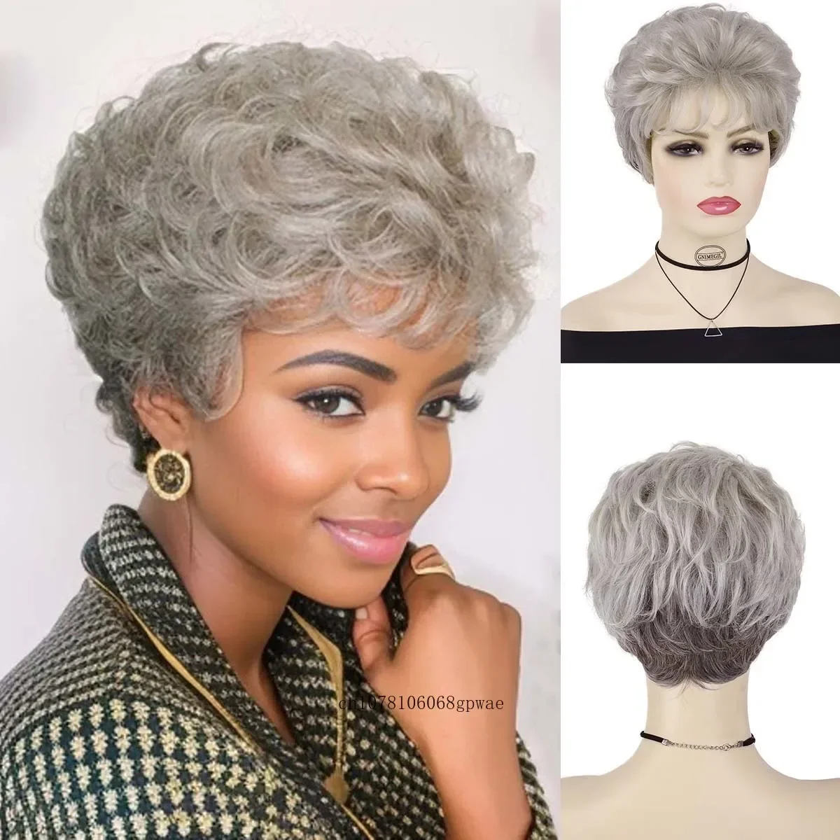 

Женские серые парики из синтетических волос, короткий вьющийся парик с челкой, парик для мамы, бабушки, старых леди, повседневный косплей, вечерние, термостойкий