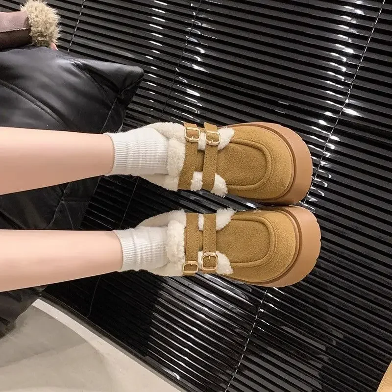 المرأة سميكة القاع الدافئة صوف مبطن أحذية عالية الكعب الثلوج ربيع الخريف الرجعية الانزلاق على الأحذية القطنية المطاط وحيد #4