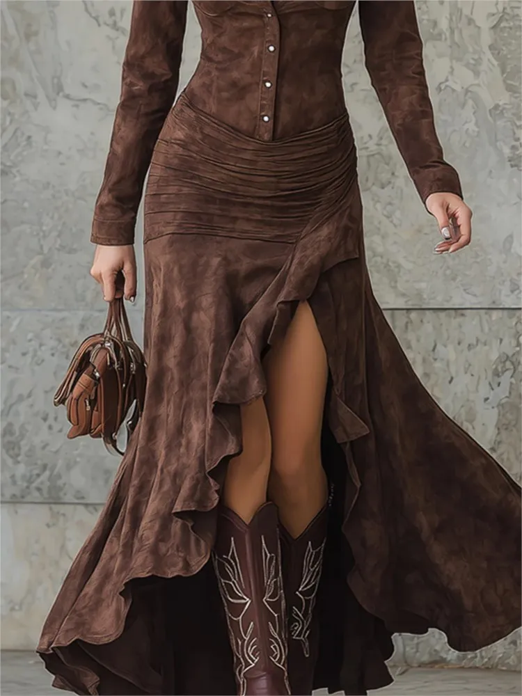 Otoño Invierno elegante botones sólidos vestidos ajustados con abertura mujeres cuello en V profundo manga larga Maxi vestido moda volantes vestido de fiesta - Image 6