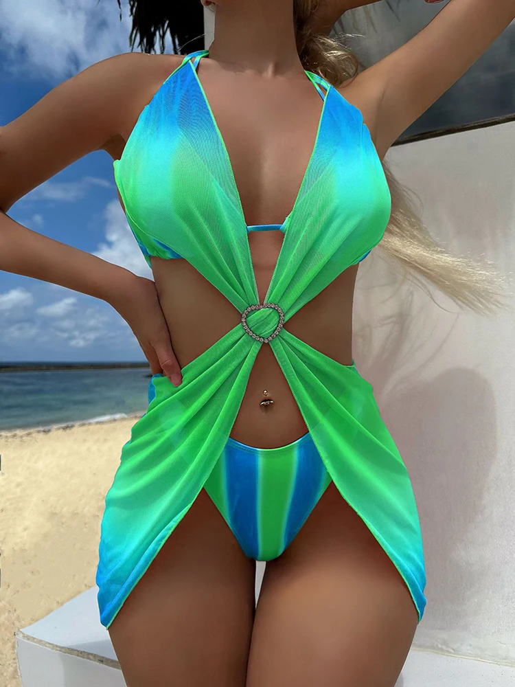 Contrast Color Swimsuit Women Beachwear Striped Gradient Bikini Set Heart Mesh Cover-Ups Wrap Skirt Summer 2026 Swimwear