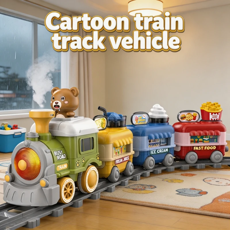 New Cartoon Spray Steam Train Track Playset Electric Magnetic Suction Simulation Locomotive Model Interactive Railway Toy