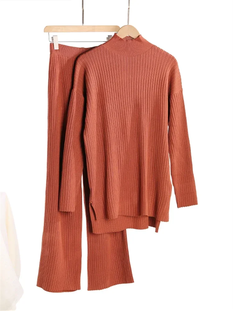2024 wool  Autumn Winter 2 Pieces Women Sets Knitted Tracksuit Turtleneck Sweater and Straight Jogging Pants Suits