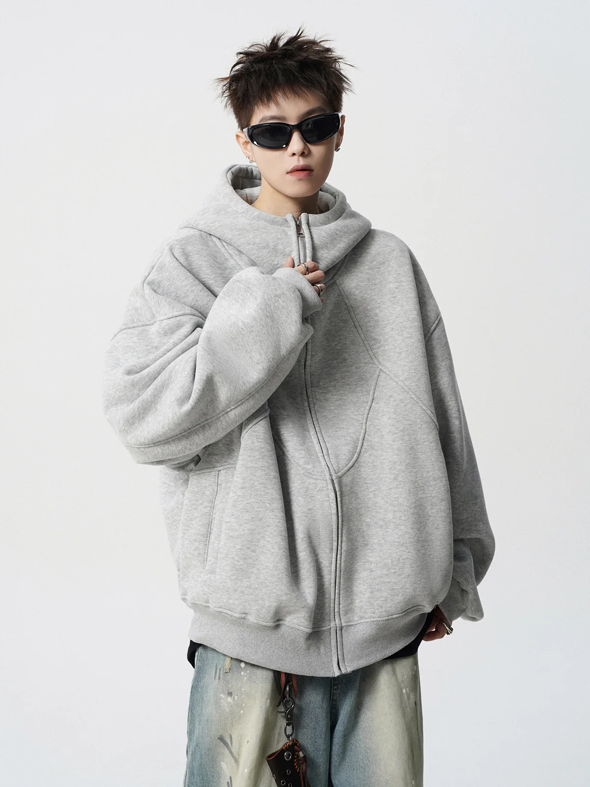 American Deconstruction Hooded Jacket Men's Winter Splicing Sweater High Street Velvet Couple Hoodie