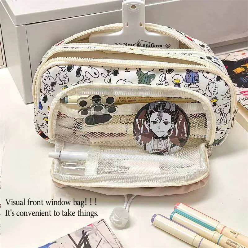 Kawaii Snoopy Drawstring Pencil Case High Appearance Cute Cartoon Print Large Capacity Stationery Bag for Students School Gift
