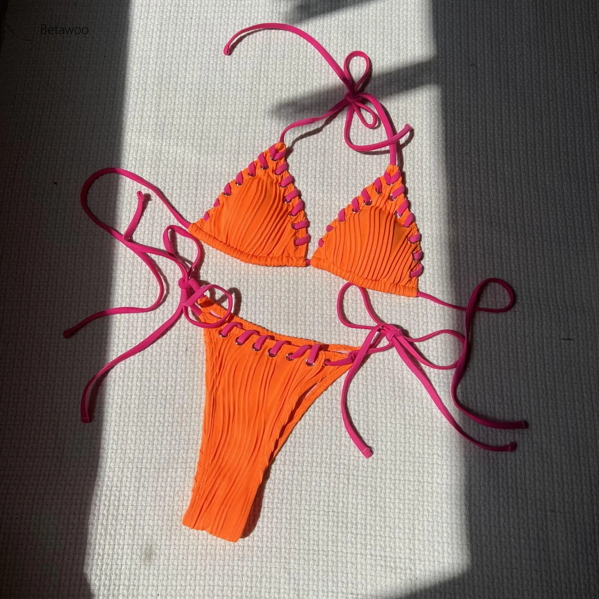 

2026 Womens Crochet Trim Halter Neck Triangle Bikini Top with Tie Side Bottom Swimsuit
