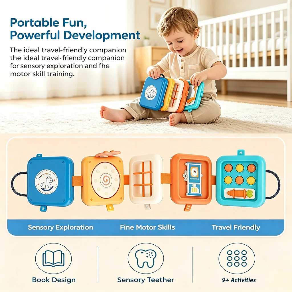 5-in-1 Portable Baby Activity Book – Sensory Exploration & Fine Motor Skills Development Toy, Travel-Friendly Busy Board for Tod