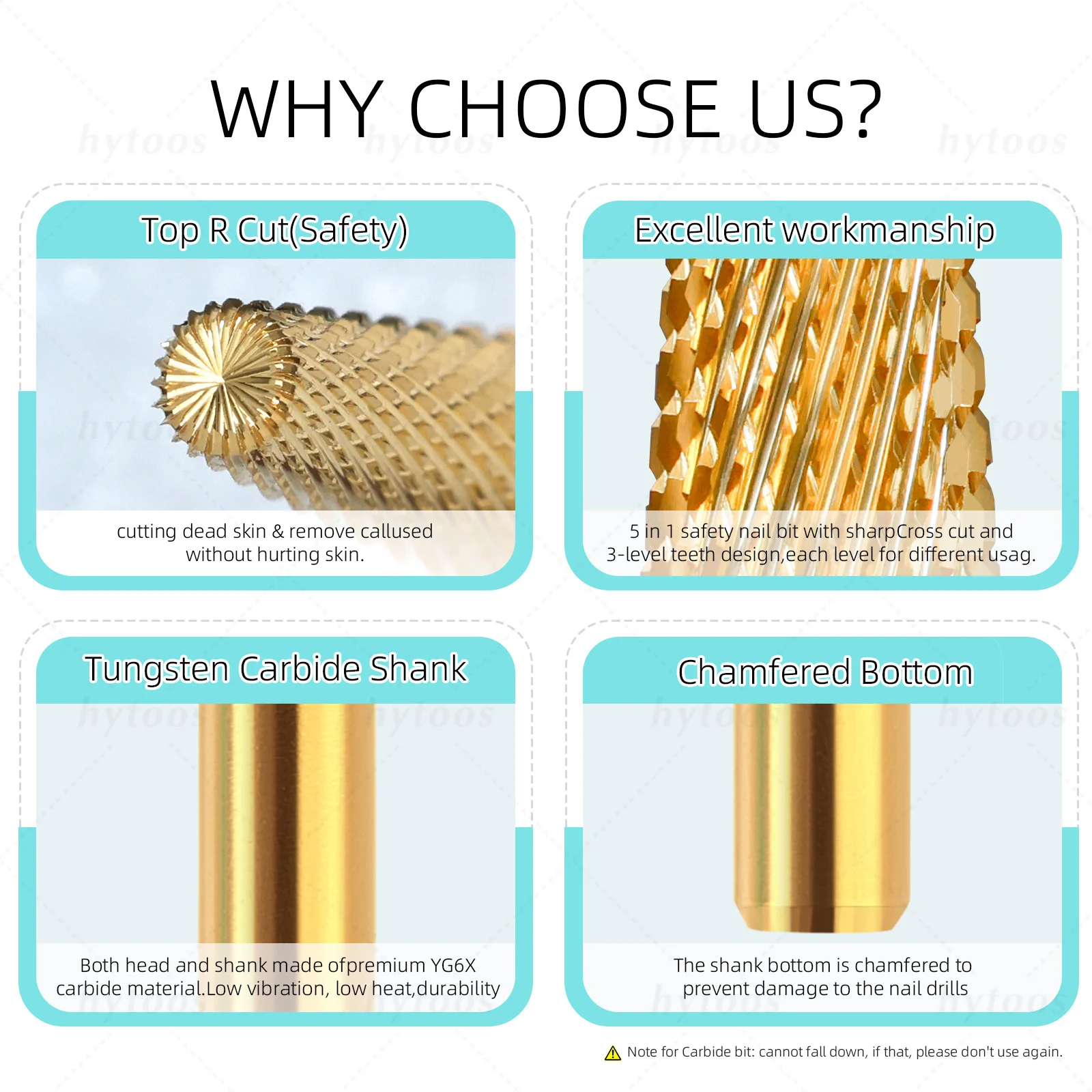 HYTOOS Gold 5 in 1 Nail Drill Bits 24mm Long  Tapered Carbide Nail Bit Electric Manicure Grinding Accessories Gel Removal Tools