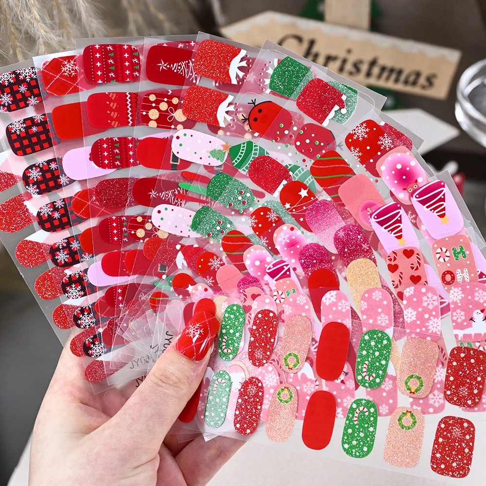 16Tips Christmas Valentine's Nail Art Stickers Waterproof Glitter Red Full Cover Adhesive Nail Polish Decal New Year Nail Decora