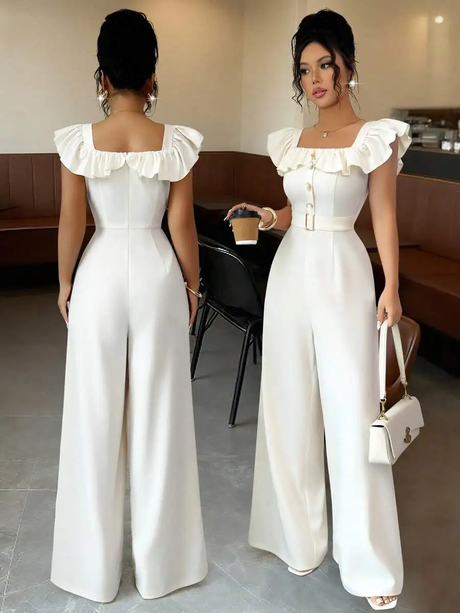 

Women's Square Neck Ruffle Sleeve High-Waisted Wide Leg Jumpsuit with Belt and Button Detail
