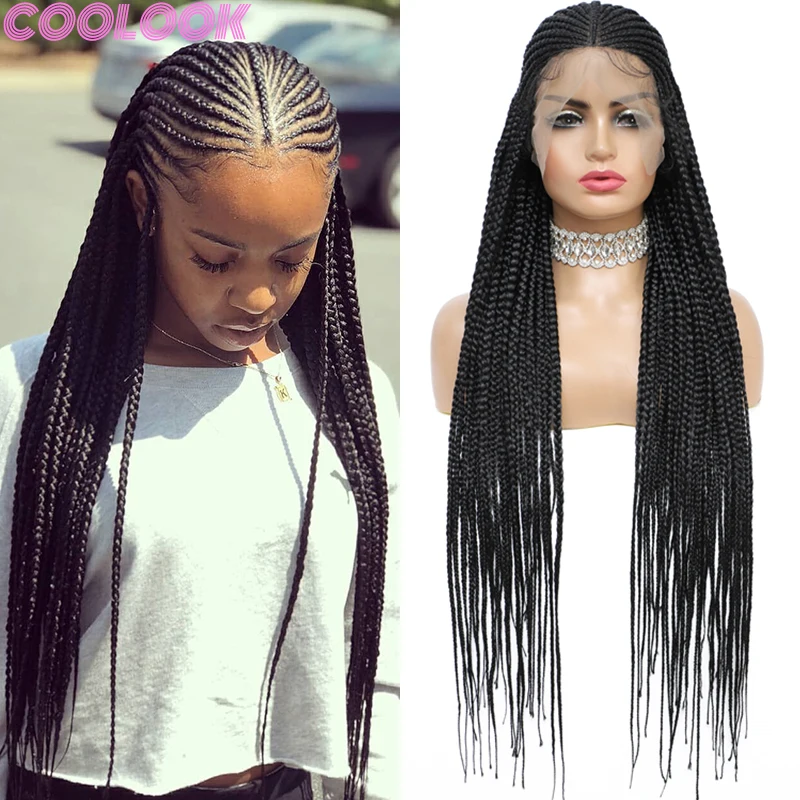 

36 Inch Synthetic Box Braided Lace Frontal Wig Long Ombre Box Braid Wig Knotless Cornrow Braids Lace Front Wigs for Black Women