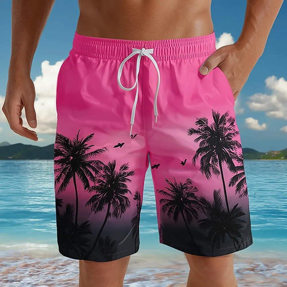 Men's Gradient Coconut Tree Tropical Print Shorts, Drawstring Mid Waist Side Pockets Spring Summer Hawaiian Beach Vacation Wear