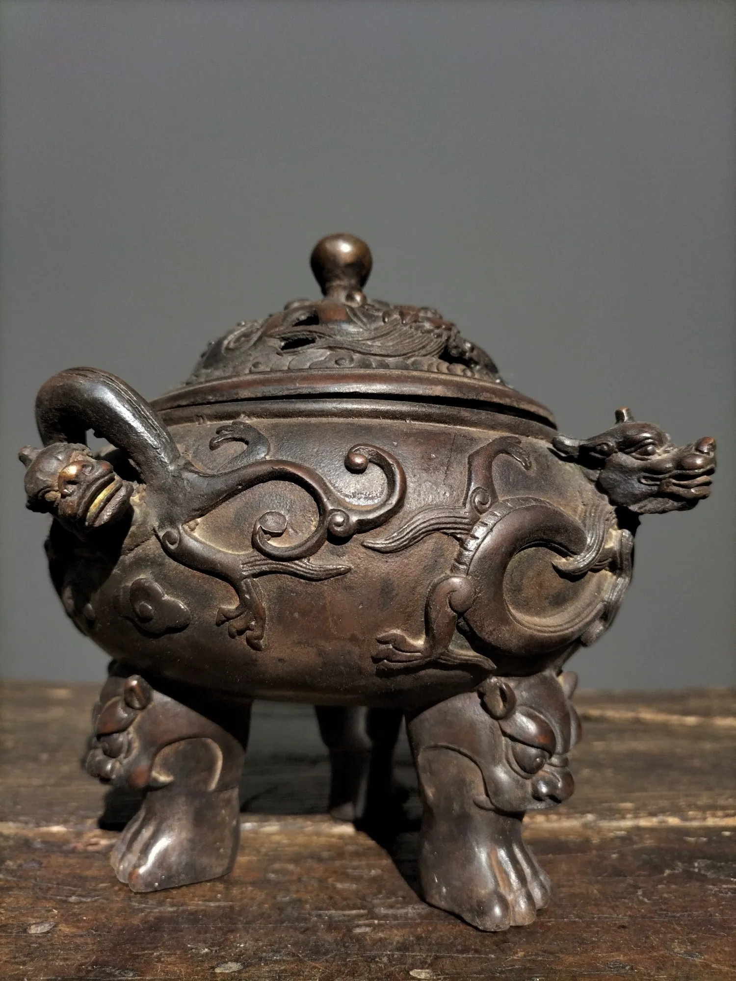 

8" Tibetan Temple Collection Bronze cinnabar gilded Dragon head Four Chi dragon ears three-legged hollow out incense burner