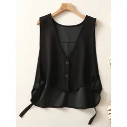 #5146 Summer Black Short Vest Coat Women V-neck Asymmetrical Waistcoat Female Outerwear Thin Vest Coat Streetwear Sleeveless