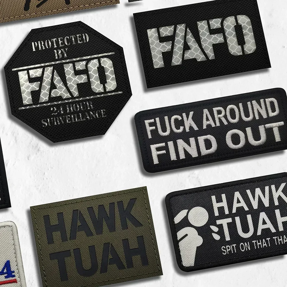 HAWK TUAH Funny Nylon Patches Reflective Tactical Armband Hook and Loop Middle Finger Morale Stickers Clothes Backpack Hat Decor