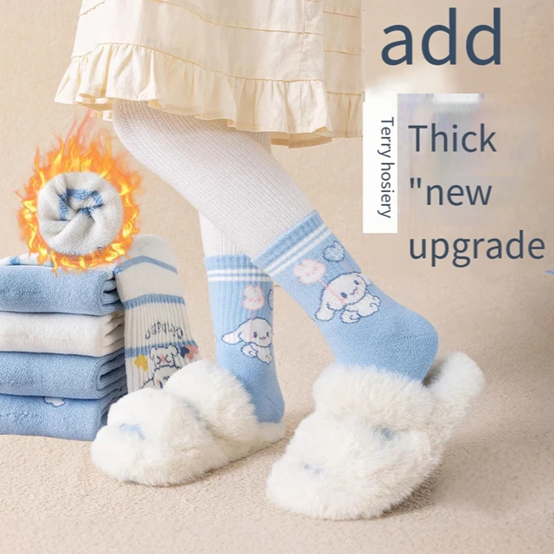 Girl Sanrios Sock Thicken Cinnamoroll Middle Tube Child Autumn Winter Cute Kawaii Anime Figure Cartoon Thicken Terry Socks