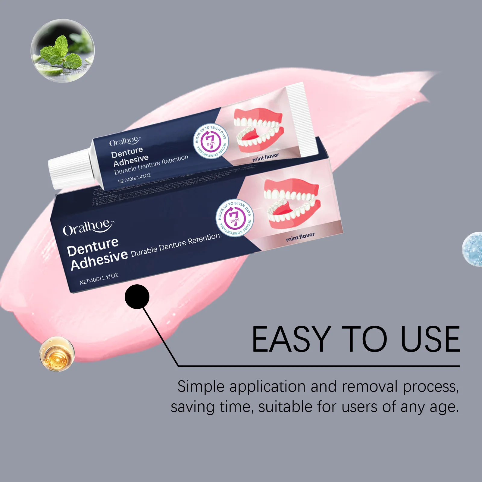 Oralhoe 40g Denture Adhesive Long Lasting Secure Bond Pain Free Comfort Fit Fix Friction Portable Travel Denture Care Adhesive image 3