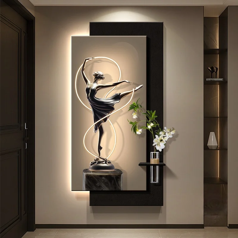Luxury People Dance Foyer Decoration Painting Corridor Green Plants Painting Lighting Painting Equipped Digital Clock Display