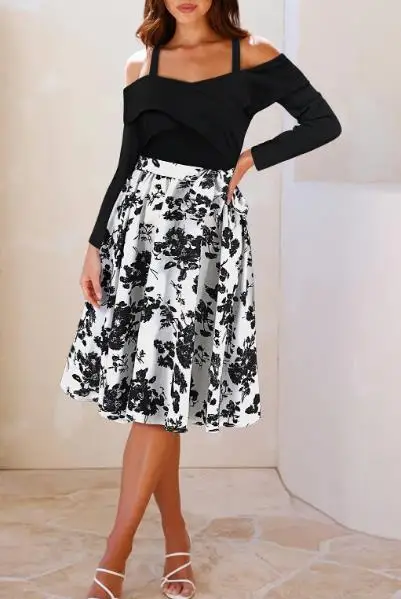 2025 Autunno Nuovo Slim Elegante a maniche lunghe con spalle scoperte Fiore Abito a trapezio con abito a maniche lunghe con giunture in colore a contrasto