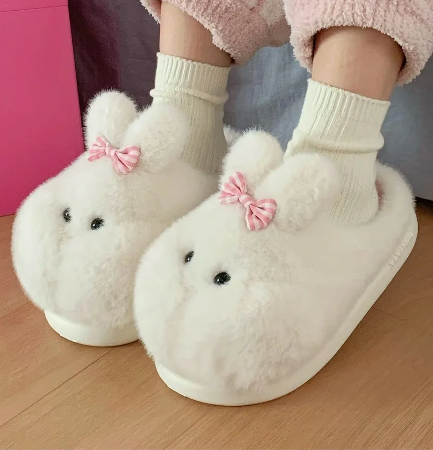 

New cuddly rabbit furry slippers woman cloud home slides shoes women's shaggy warm indoor slipper girls rabbit fluff flip flops
