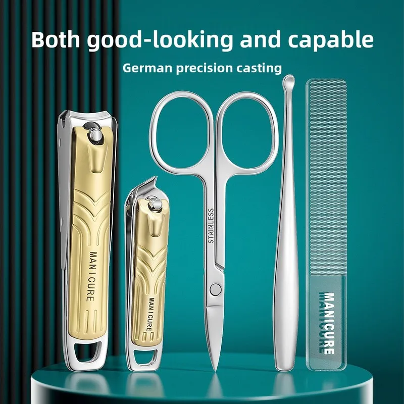 5Pcs Stainless Steel Manicure Set with Strap Case, Sharp Anti-Splash Nail Clipper, Gift Kit Support Custom Logo Printing