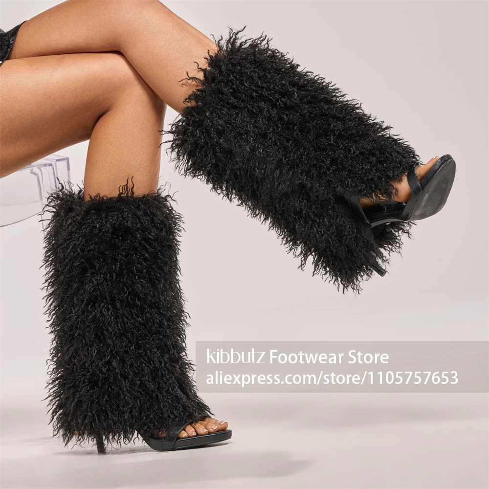 Fluffy Shaggy Fur Decor Boots Open Toe Single Strap Upper Furry Tall Boots Slim Super High Stiletto Boots Sexy Nightclub Boots