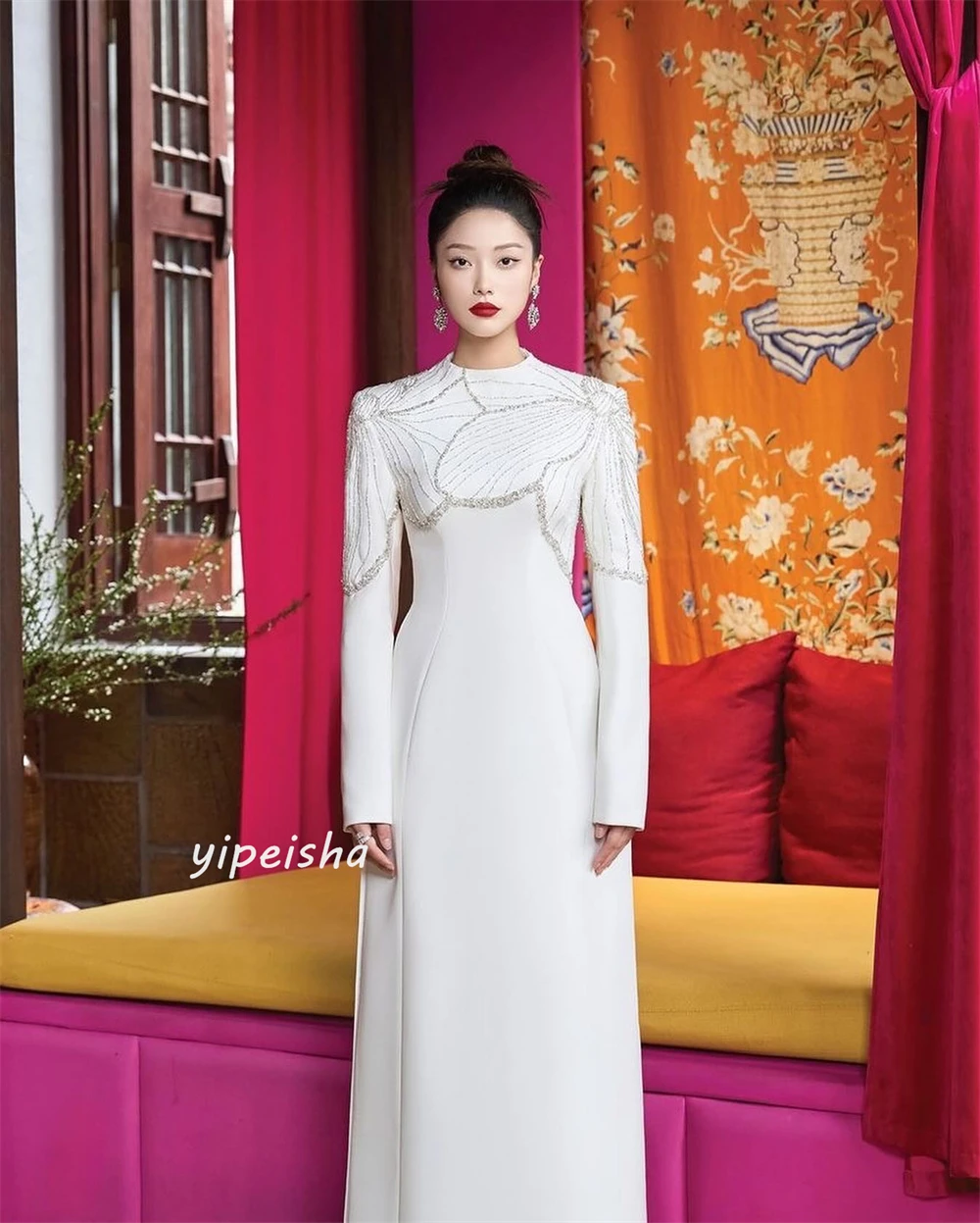  Prom  Jersey Draped Beading Birthday A-line High Collar Bespoke Occasion Gown Long es Saudi Arabia Evening