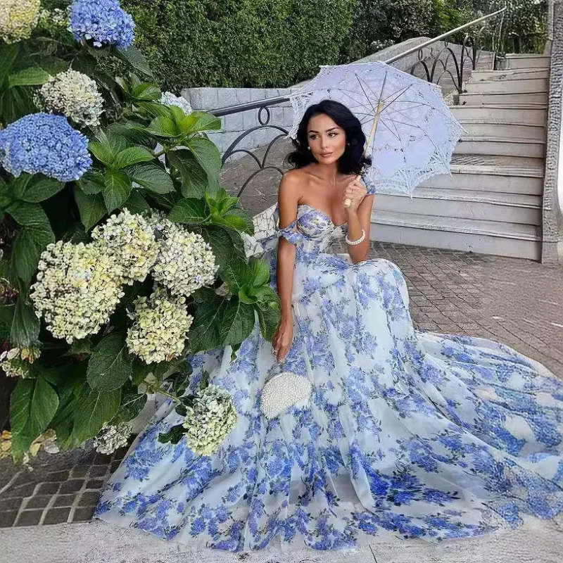 

Sexy Floral Print Sleeveless Long Dress Lady Fashion Elegant French Birthday Party Off Shoulder Spaghetti Strap Backless Dresses