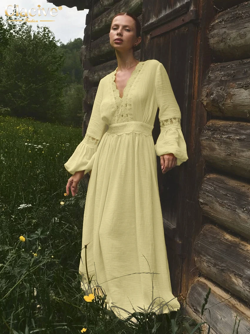 

Clacive Sexy Loose Yellow Cotton Women's Dress Fashion V-Neck Long Sleeve Maxi Dresses Elegant Classic High Waist Female Dress