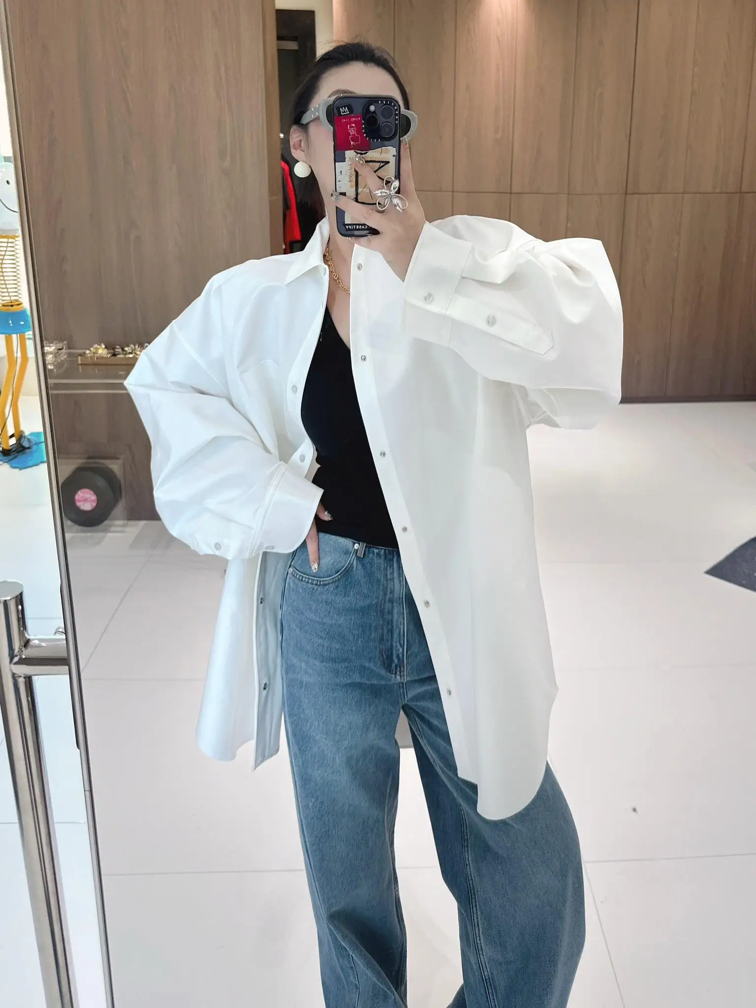 

Loose Silhouette Cotton Shirt Dress Turn-down Collar Pure White Ultra Cool Spring Summer Women's Straight Tube Long Sleeve