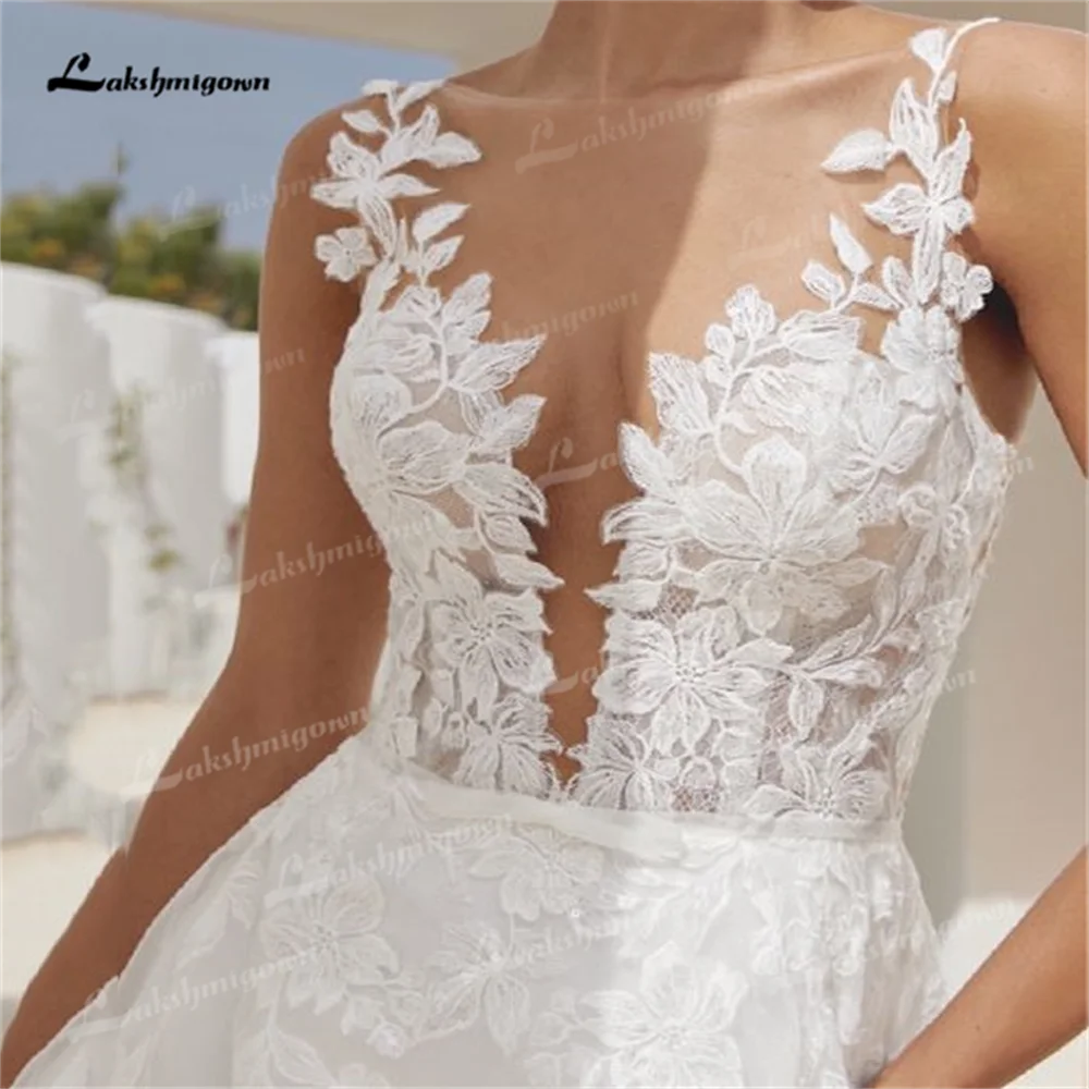 Unique Organza Lace Applique Spaghetti Straps A Line Customize Wedding Dress Sexy Plunging V Neck Bridal Gown robe de mariée