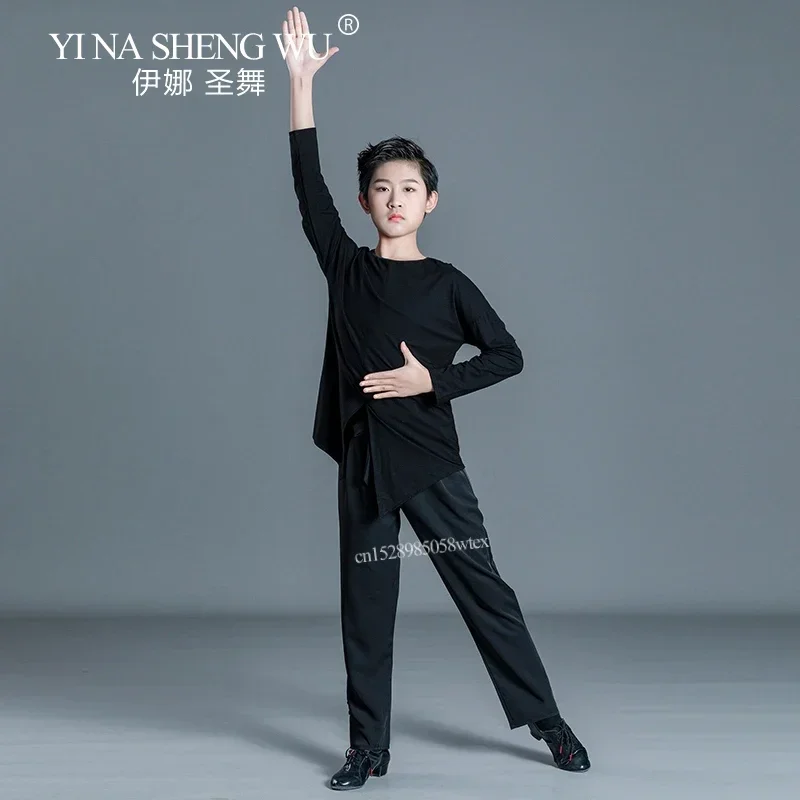 

Костюм для латиноамериканских танцев для мальчиков: черный топ с длинным рукавом и круглым вырезом, профессиональная одежда для румбы и танго, для тренировок и выступлений в танцевальном зале