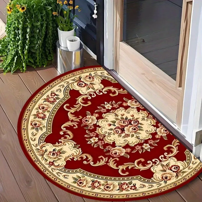 Mediterranean Tile Style Semicircle Lemon Hydrangea Print Anti Slip Dust Trapping Front Entry Entrance Doormat