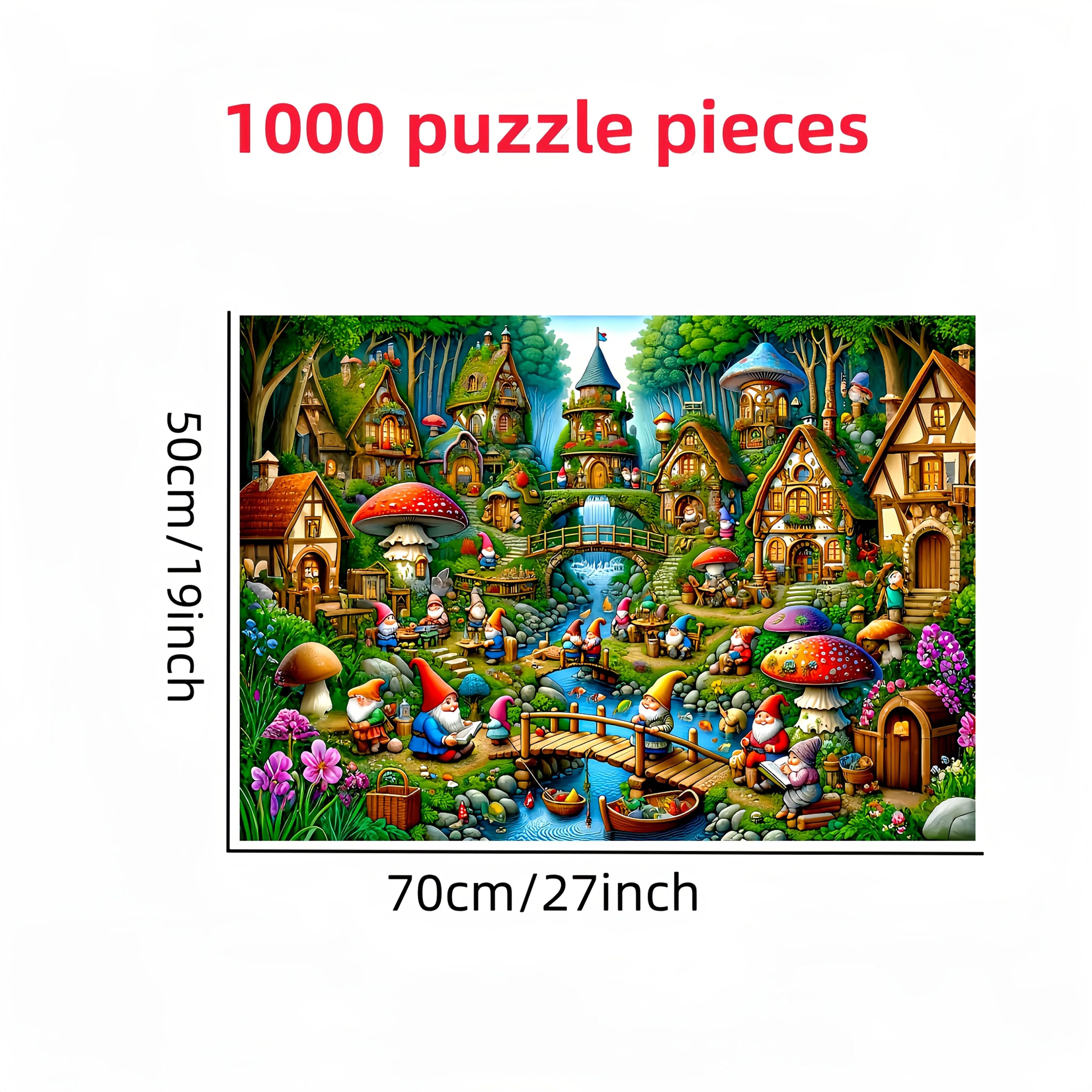 [Fantasy Landscape Puzzle] 1000pcs Dwarfs Village Puzzle - Vibrant Fantasy Landscape with Gnome Houses, Mushrooms & Waterfall,