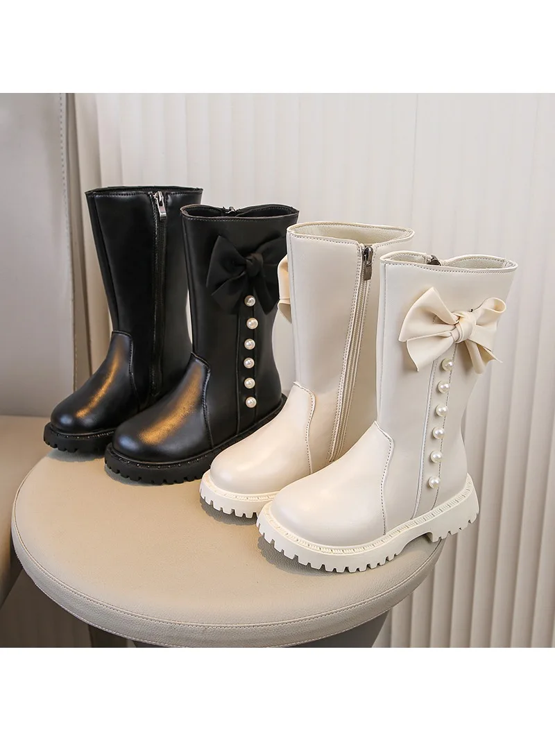 Bottes mi-mollet pour filles, Style princesse, gros nœuds, bottes longues pour enfants, bout rond, nouvelle mode automne 2025, fermeture éclair latérale