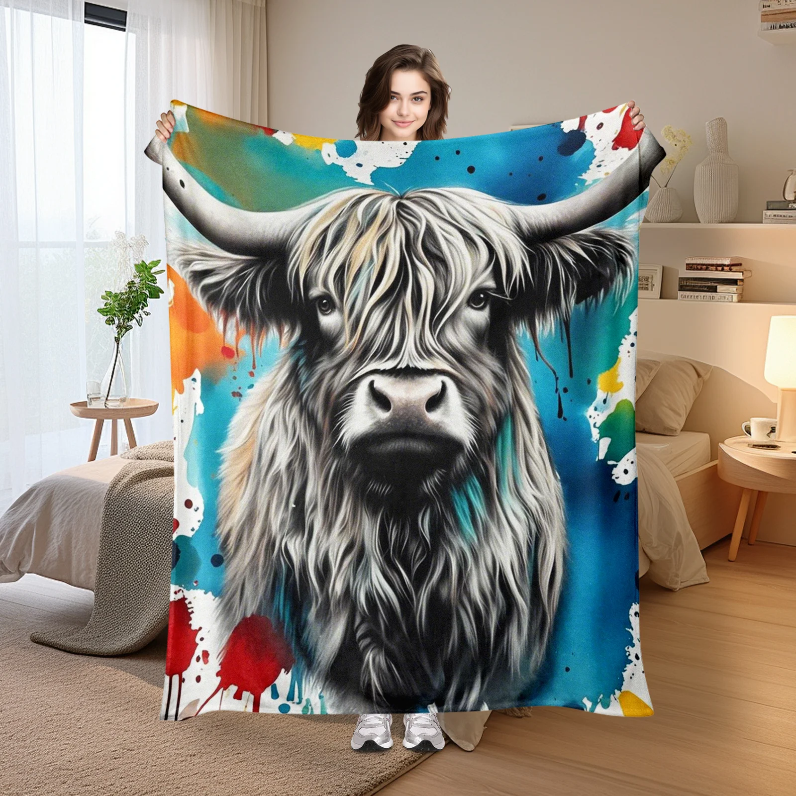 Highland Cow Watercolor Animal Blanket With Multicolor Background Cozy Warm Plaid Throw For Home Decor Gift Idea