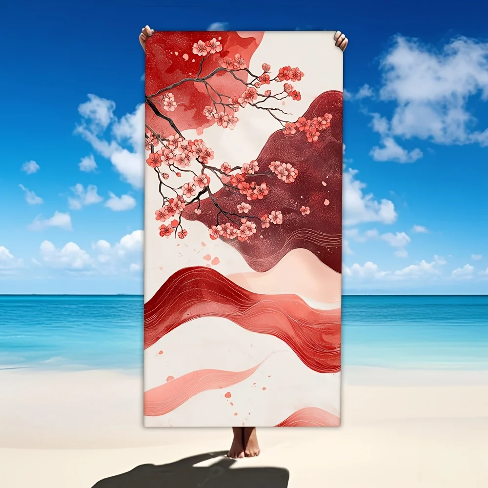 1pc Cherry blossom wave pattern beach towel - polyester fabric, machine washable, suitable for beach, yoga, and travel.