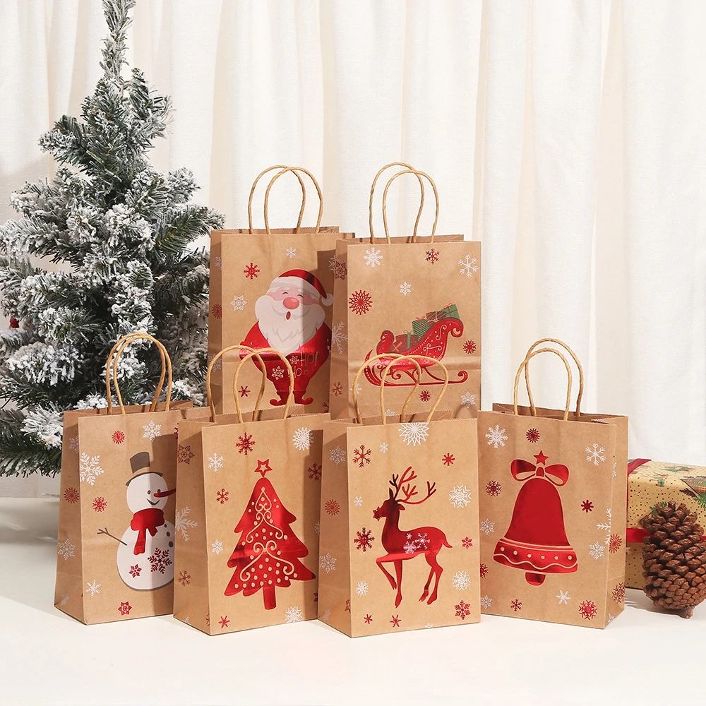 6-24pcs Large Kraft Paper Christmas Gift Bags with Glossy Print Holiday Tote Bags for New Year Party Favors And Present Wrapping