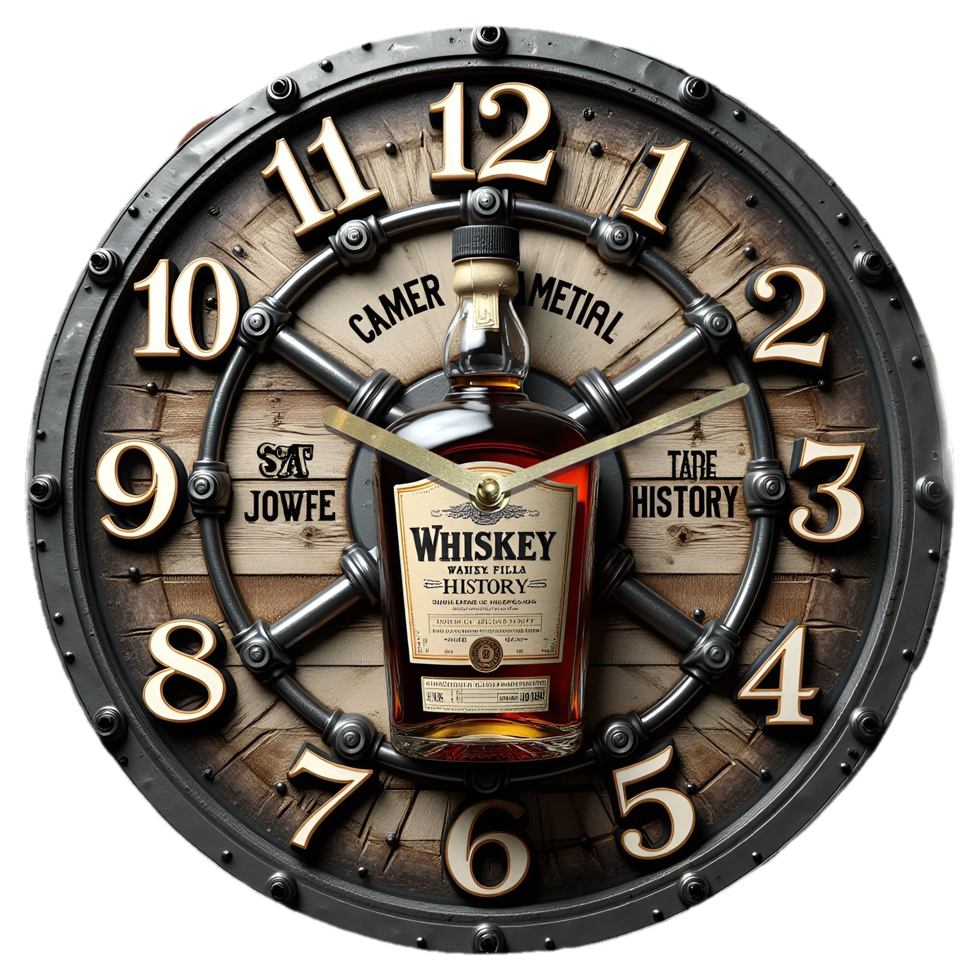 Whiskey Barrel Wall Clock - Silent Non-Ticking Modern Minimalist Round Acrylic Clock with Barrel Design,  Large Face for Living